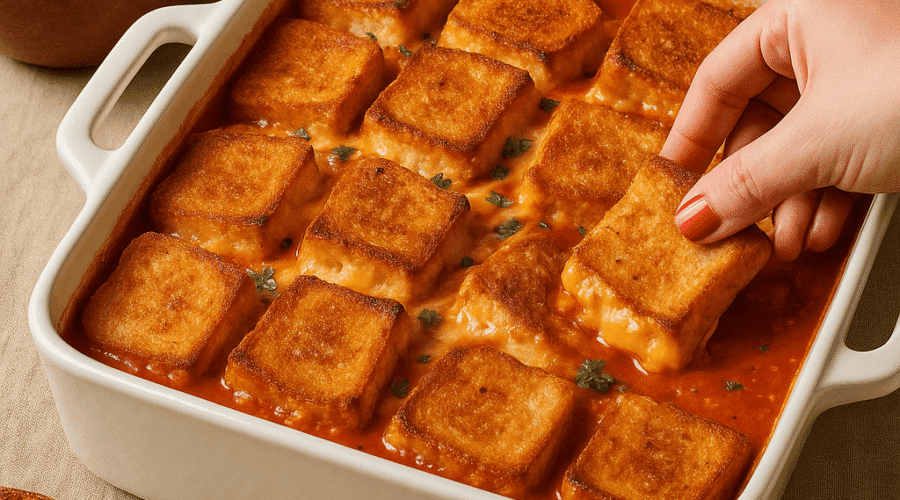 A freshly baked tomato soup and grilled cheese casserole in a baking dish, showing golden grilled cheese cubes slightly sunken into a rich, creamy tomato base, photographed at a slight angle to highlight depth and texture.