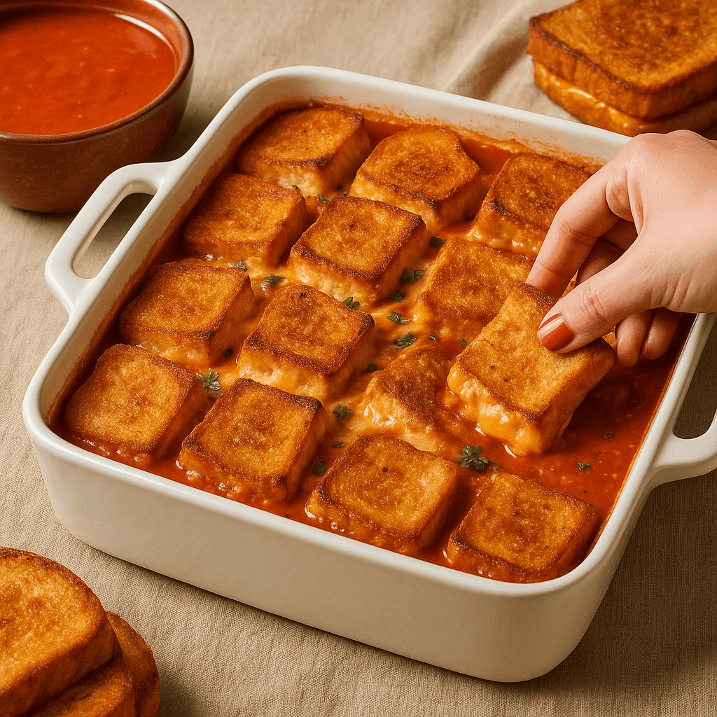 A freshly baked tomato soup and grilled cheese casserole in a baking dish, showing golden grilled cheese cubes slightly sunken into a rich, creamy tomato base, photographed at a slight angle to highlight depth and texture.