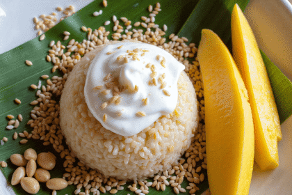 Authentic Thai mango sticky rice dessert with sliced mango and coconut cream on a banana leaf – recipe by readyprepmeals