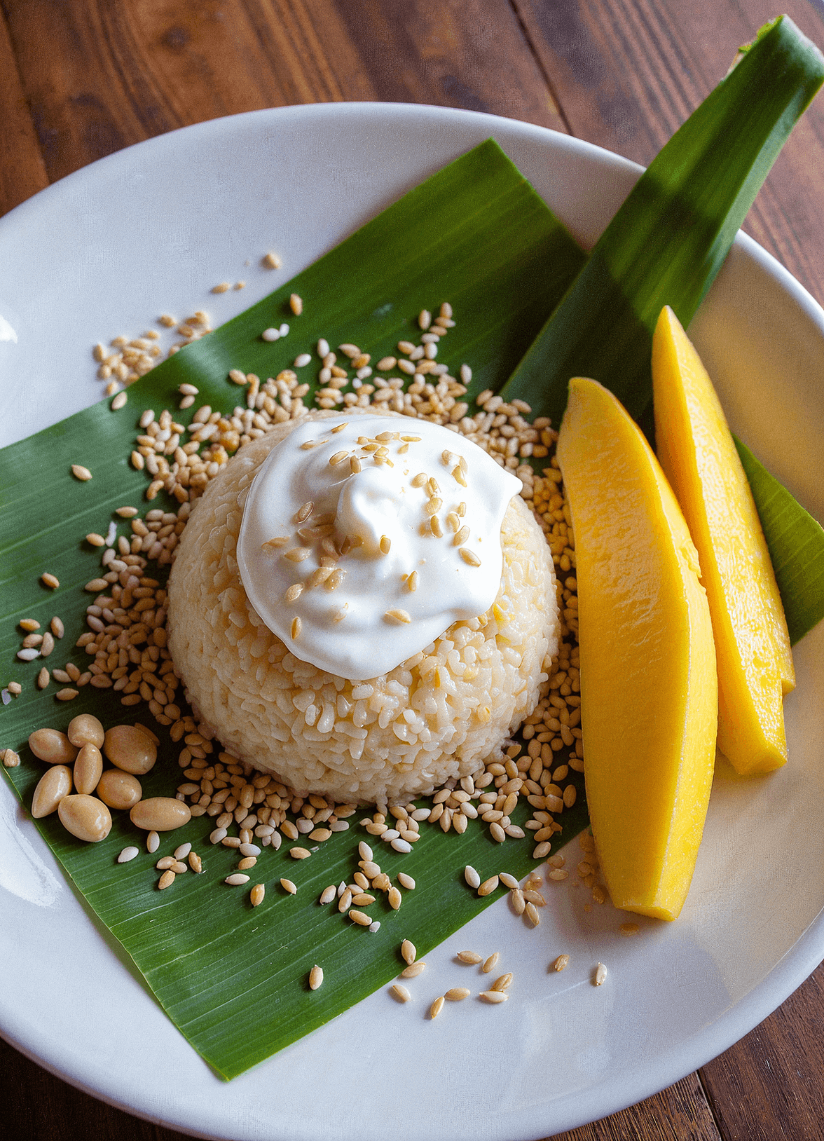 Authentic Thai mango sticky rice dessert with sliced mango and coconut cream on a banana leaf – recipe by readyprepmeals