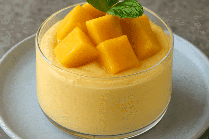 Close-up view of mango mousse highlighting its fluffy texture and juicy mango topping with a sprig of mint.