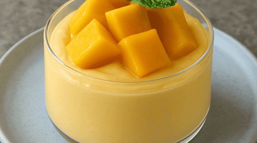 Close-up view of mango mousse highlighting its fluffy texture and juicy mango topping with a sprig of mint.