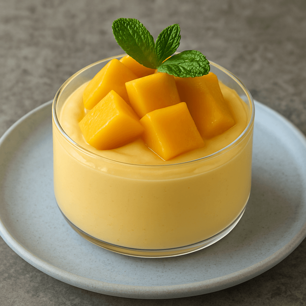 Close-up view of mango mousse highlighting its fluffy texture and juicy mango topping with a sprig of mint.