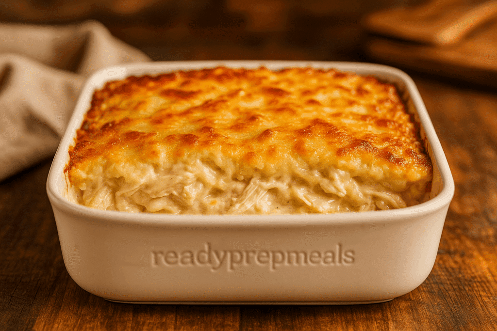A high-resolution photo of Million Dollar Chicken Casserole in a light-colored baking dish with “readyprepmeals” subtly etched on the side. The casserole is baked to golden perfection with a creamy chicken filling and buttery Ritz cracker topping, number 2 in the list of southerncasseroles that freeze well list.