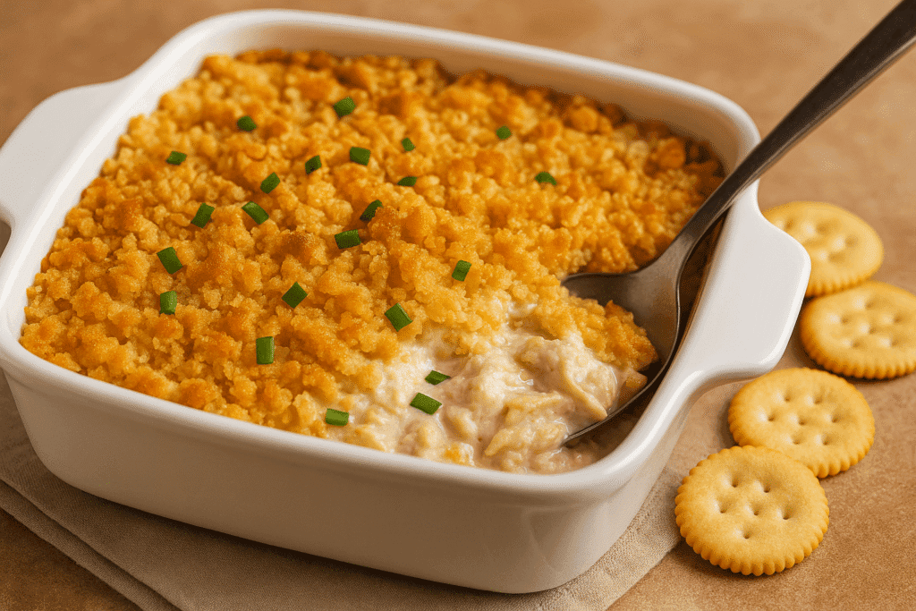 Baked Neiman Marcus Chicken Casserole with creamy shredded chicken filling and golden Ritz cracker topping served in a white dish, ideal for Southern comfort food dinners and potluck meals.