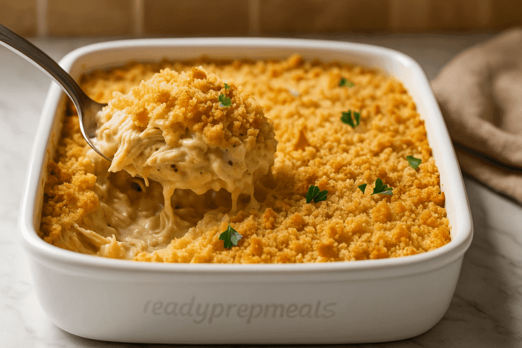 A freshly baked Neiman Marcus Chicken Casserole in a white ceramic baking dish, topped with a golden, buttery Ritz cracker crust and set on a rustic wooden table with warm lighting, showcasing its creamy texture and comforting Southern appeal.