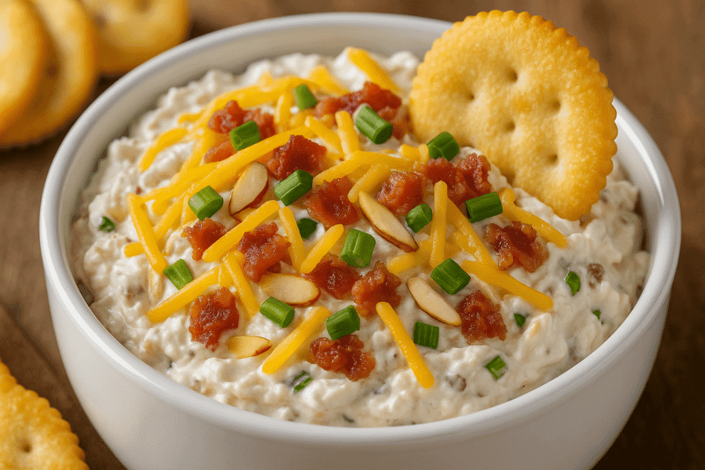 Close-up image of Neiman Marcus Dip with cheddar cheese, crispy bacon, green onions, and almonds in a white bowl, served with Ritz crackers as a cold Southern-style party appetizer.