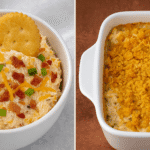 Side-by-side image of Neiman Marcus Dip and Neiman Marcus Chicken Casserole with creamy textures, bacon, cheese, and Ritz cracker topping, perfect for a comparison of two Southern comfort food recipes.