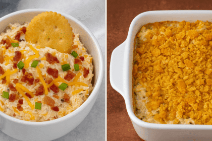 Side-by-side image of Neiman Marcus Dip and Neiman Marcus Chicken Casserole with creamy textures, bacon, cheese, and Ritz cracker topping, perfect for a comparison of two Southern comfort food recipes.