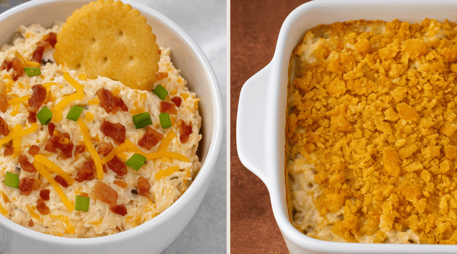 Side-by-side image of Neiman Marcus Dip and Neiman Marcus Chicken Casserole with creamy textures, bacon, cheese, and Ritz cracker topping, perfect for a comparison of two Southern comfort food recipes.