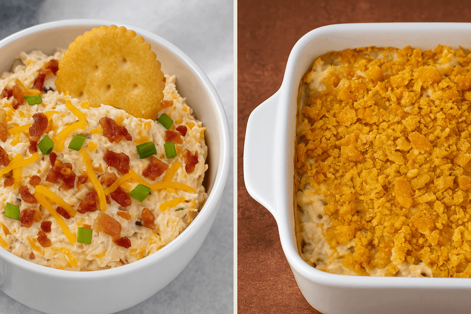 Side-by-side image of Neiman Marcus Dip and Neiman Marcus Chicken Casserole with creamy textures, bacon, cheese, and Ritz cracker topping, perfect for a comparison of two Southern comfort food recipes.