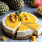 No-bake mango cheesecake with glossy mango topping and diced mango garnish, centered on a marble surface – recipe by readyprepmeals