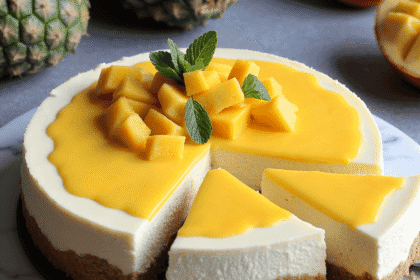 No-bake mango cheesecake with glossy mango topping and diced mango garnish, centered on a marble surface – recipe by readyprepmeals