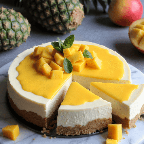No-bake mango cheesecake with glossy mango topping and diced mango garnish, centered on a marble surface – recipe by readyprepmeals