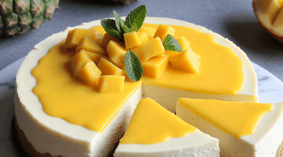 No-bake mango cheesecake with glossy mango topping and diced mango garnish, centered on a marble surface – recipe by readyprepmeals