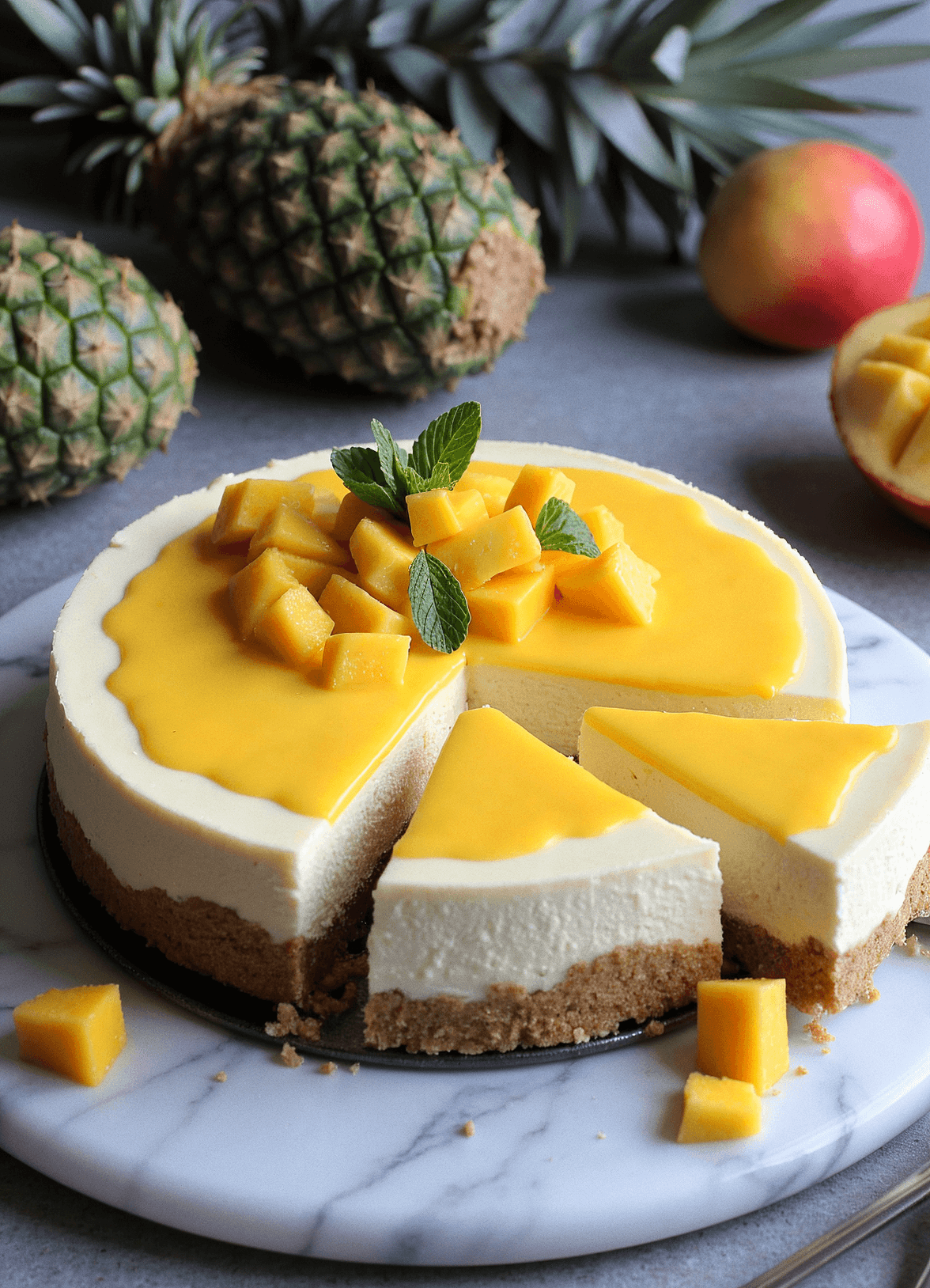 No-bake mango cheesecake with glossy mango topping and diced mango garnish, centered on a marble surface – recipe by readyprepmeals