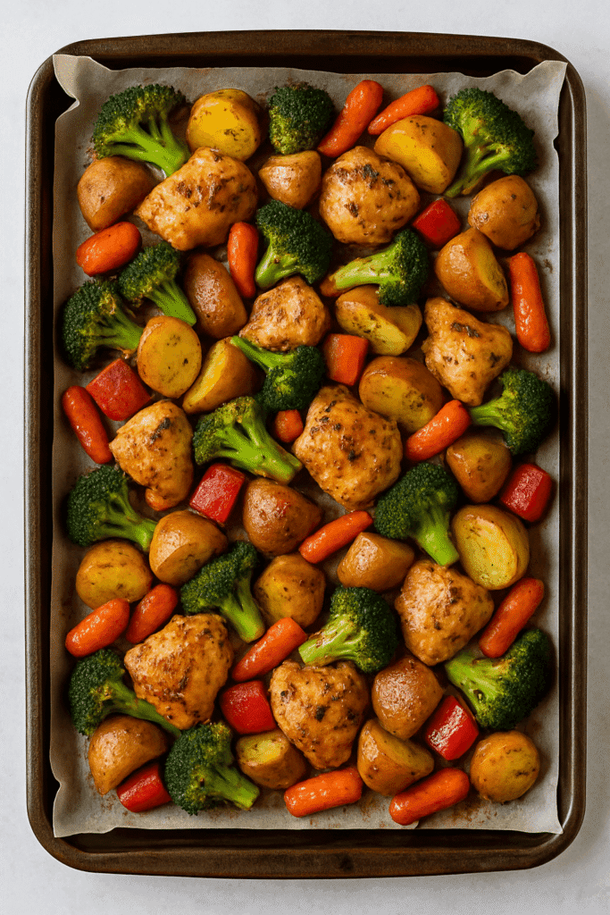 Sheet pan filled with raw chicken, broccoli, carrots, and potatoes coated in garlic herb marinade before roasting