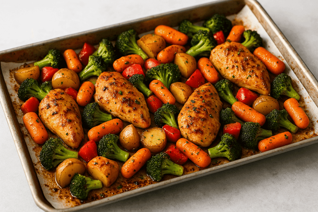 Roasted chicken, broccoli, carrots, and potatoes on a sheet pan with golden caramelized edges after broiling