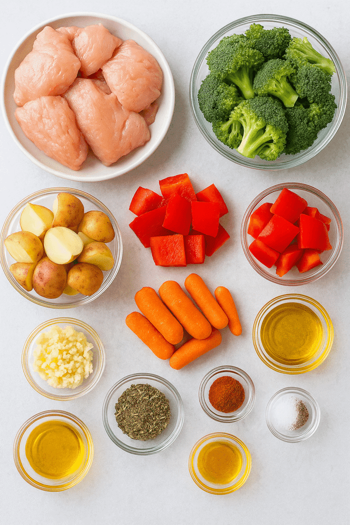 Raw ingredients for one-pan garlic chicken and veggies, including seasoned chicken chunks, broccoli florets, bell peppers, carrots, and baby potatoes.