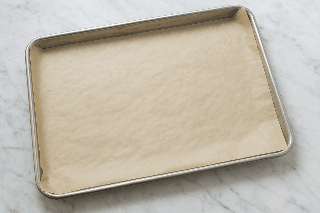 Baking sheet lined with parchment paper placed on a kitchen counter, ready for one-pan garlic chicken and veggies