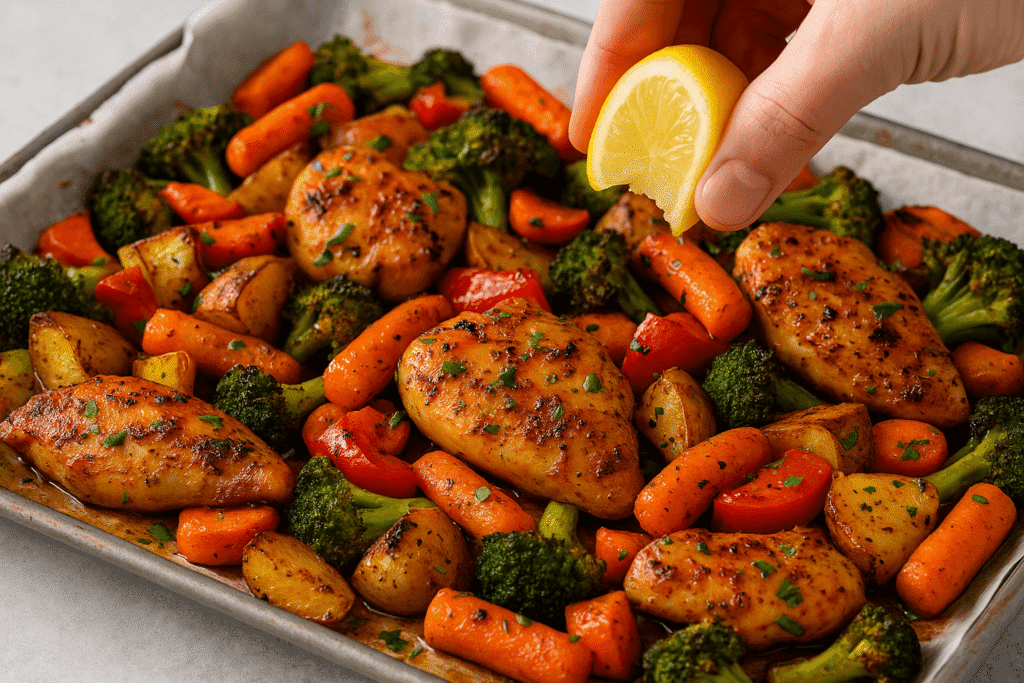 Hand squeezing lemon over freshly roasted garlic chicken and vegetables on a sheet pan with parsley garnish