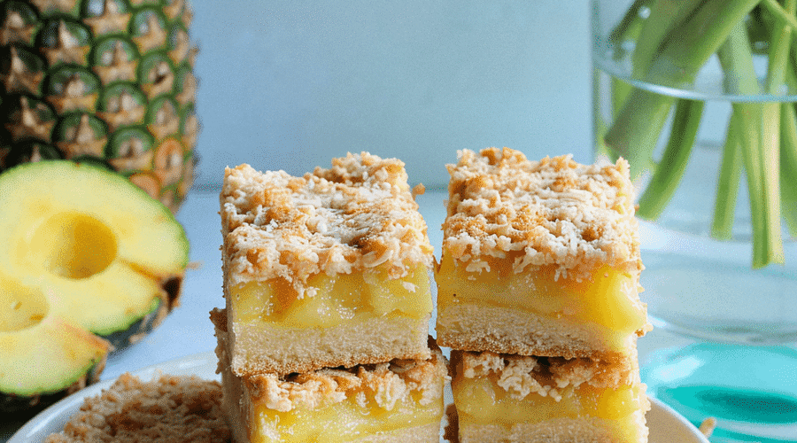 Tropical pineapple coconut bars stacked on a ceramic plate with pineapple slices and toasted coconut – recipe by readyprepmeals
