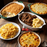 A rustic wooden table displaying five classic Southern casseroles: Neiman Marcus chicken casserole with a golden cracker topping, million dollar chicken casserole with creamy layers, classic Southern macaroni and cheese with a golden cheese crust, beef and rice casserole garnished with herbs, and hashbrown casserole (funeral potatoes) with a cheesy, golden brown top.