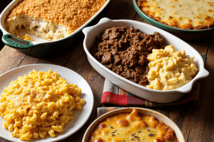 A rustic wooden table displaying five classic Southern casseroles: Neiman Marcus chicken casserole with a golden cracker topping, million dollar chicken casserole with creamy layers, classic Southern macaroni and cheese with a golden cheese crust, beef and rice casserole garnished with herbs, and hashbrown casserole (funeral potatoes) with a cheesy, golden brown top.