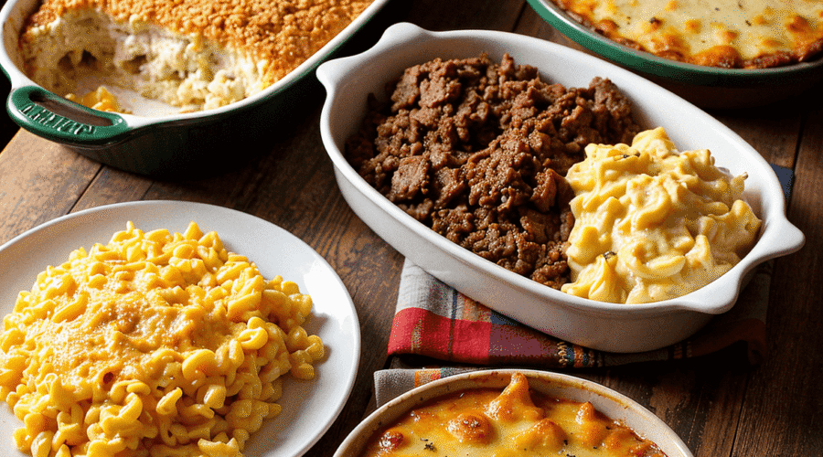 A rustic wooden table displaying five classic Southern casseroles: Neiman Marcus chicken casserole with a golden cracker topping, million dollar chicken casserole with creamy layers, classic Southern macaroni and cheese with a golden cheese crust, beef and rice casserole garnished with herbs, and hashbrown casserole (funeral potatoes) with a cheesy, golden brown top.