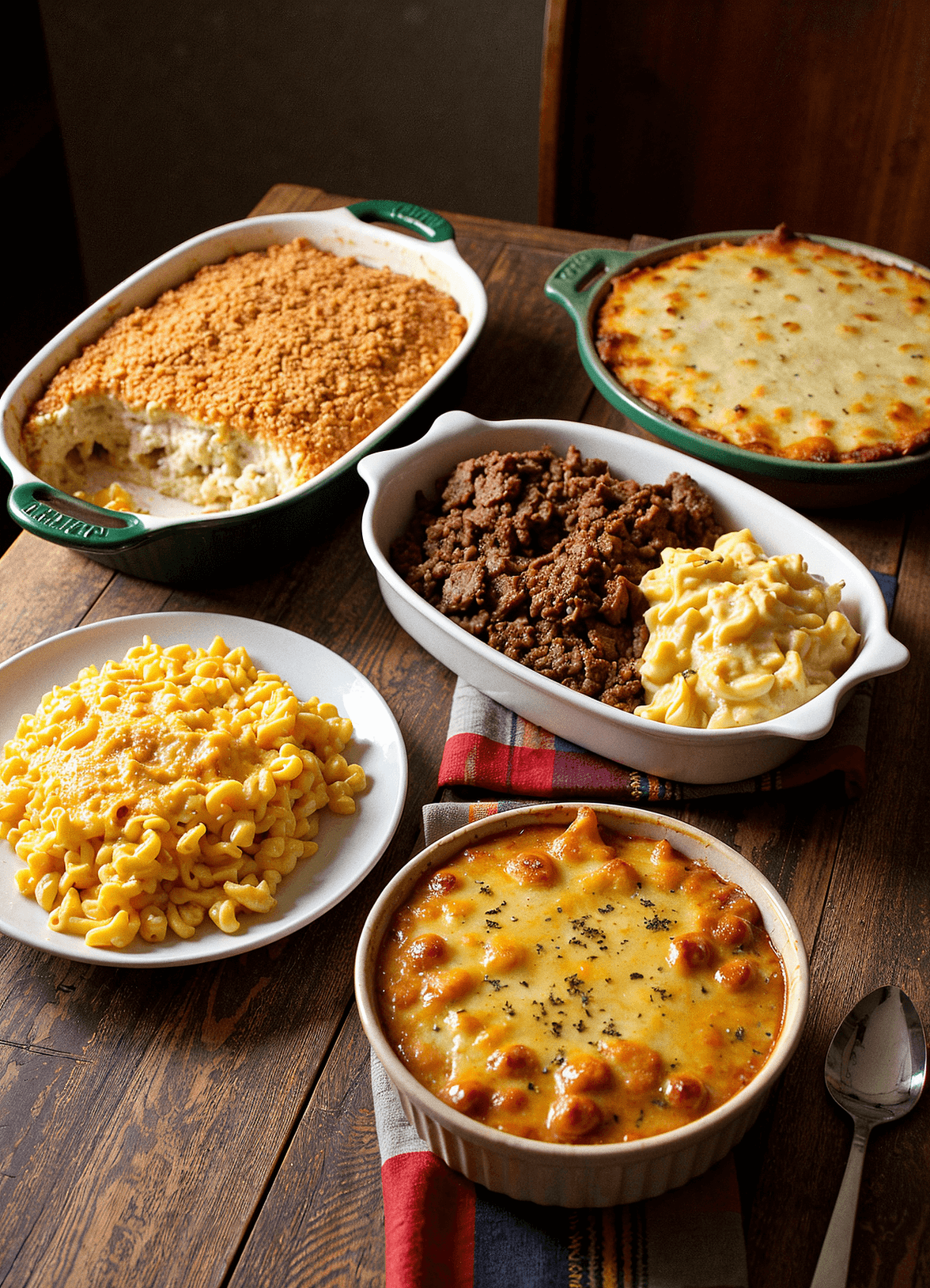 A rustic wooden table displaying five classic Southern casseroles: Neiman Marcus chicken casserole with a golden cracker topping, million dollar chicken casserole with creamy layers, classic Southern macaroni and cheese with a golden cheese crust, beef and rice casserole garnished with herbs, and hashbrown casserole (funeral potatoes) with a cheesy, golden brown top.