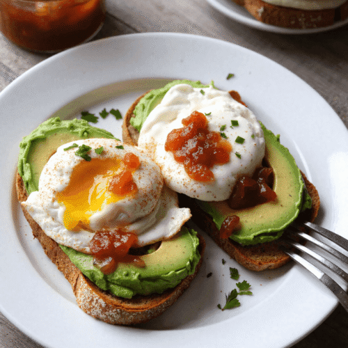 Avocado toast with poached eggs and bacon jam served on a white plate over a rustic wooden table – a perfect Father's Day breakfast idea.