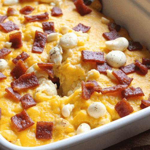 Freshly baked bacon cheddar breakfast casserole in a white ceramic baking dish, featuring golden melted cheese, crispy bacon, and rustic cubed bread