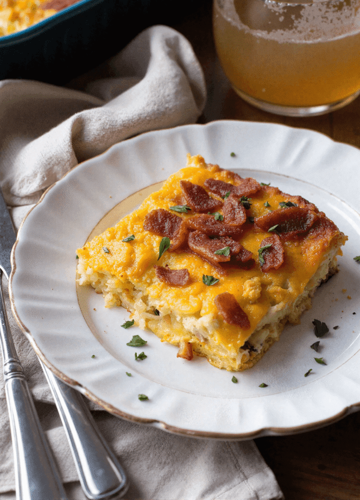 Plated slice of bacon cheddar breakfast casserole with melted cheese, crispy bacon, and fresh herb garnish on a rustic brunch table setting.