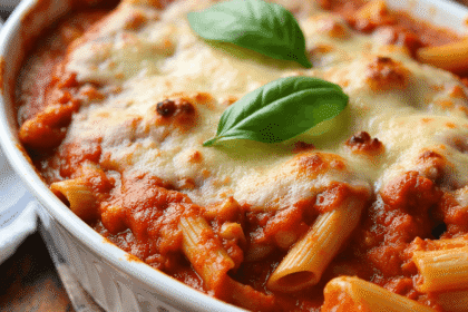 Best Ever Baked Ziti with Ricotta and Mozzarella in a white ceramic dish, topped with melted cheese and fresh basil