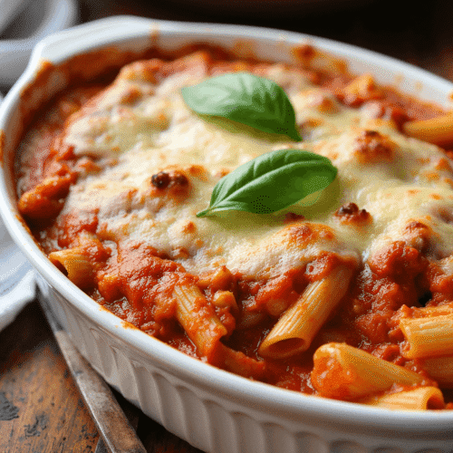 Best Ever Baked Ziti with Ricotta and Mozzarella in a white ceramic dish, topped with melted cheese and fresh basil