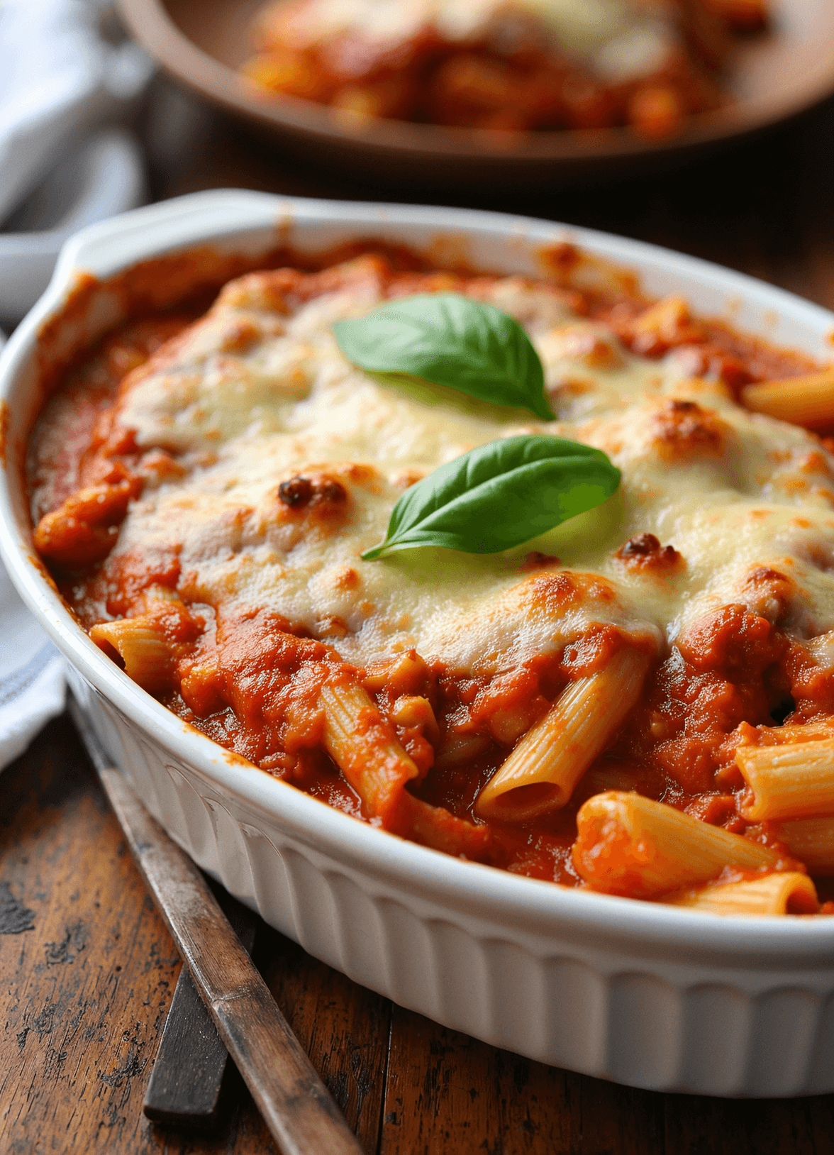 Best Ever Baked Ziti with Ricotta and Mozzarella in a white ceramic dish, topped with melted cheese and fresh basil