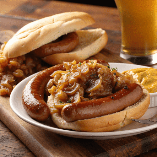 Beer-braised bratwursts served in a rustic dish, topped with caramelized lentils and onions, with mustard and crusty bread on the side.