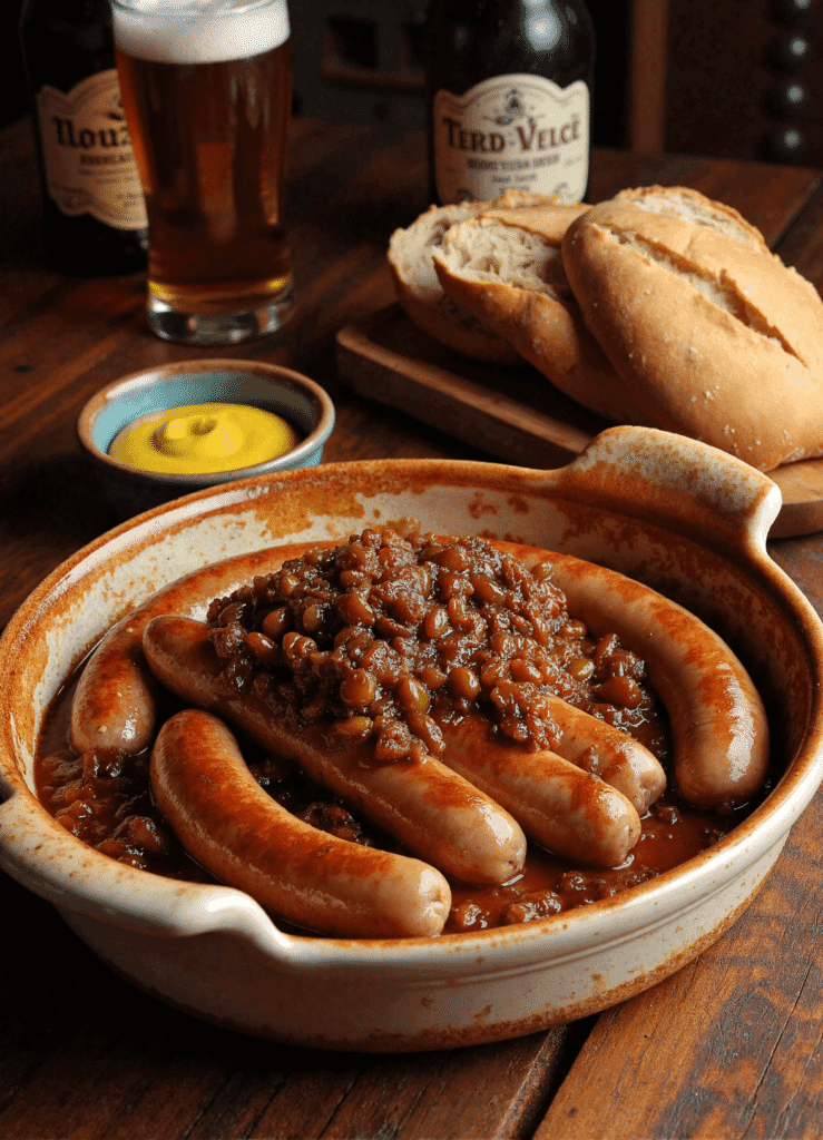 Grilled beer-braised brats in soft buns topped with caramelized onions, served with mustard and cold beer on a wooden table.
