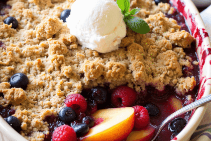 Summer fruit crumble with peaches and berries in a rustic baking dish, topped with golden crumble and a scoop of vanilla ice cream