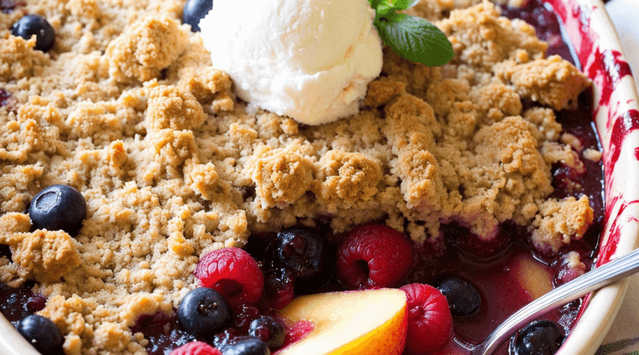Summer fruit crumble with peaches and berries in a rustic baking dish, topped with golden crumble and a scoop of vanilla ice cream