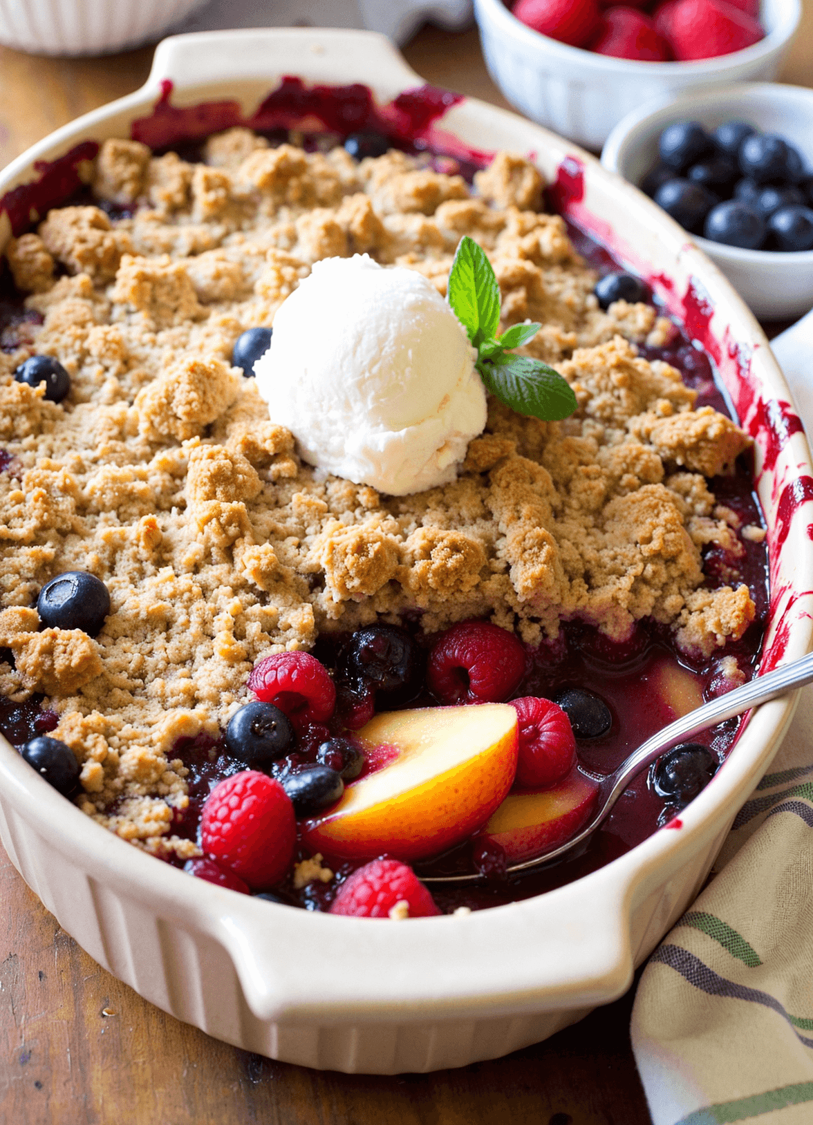 Summer fruit crumble with peaches and berries in a rustic baking dish, topped with golden crumble and a scoop of vanilla ice cream