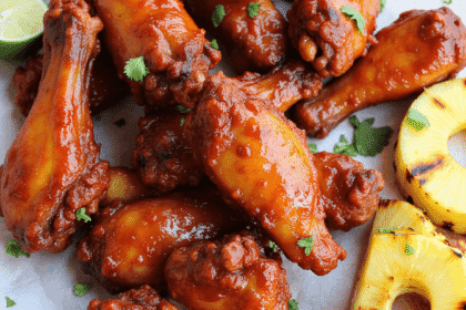 Pile of grilled tropical BBQ chicken wings with crispy skin and caramelized pineapple-mango glaze, shot with Canon EOS 5D.