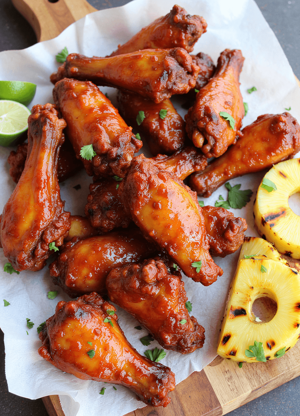 Pile of grilled tropical BBQ chicken wings with crispy skin and caramelized pineapple-mango glaze, shot with Canon EOS 5D.
