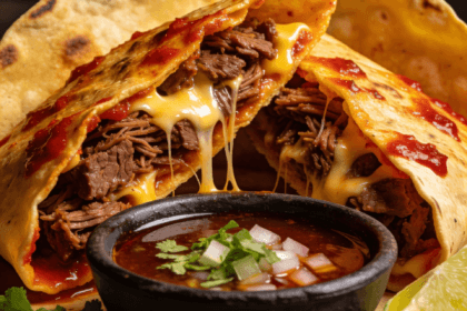 Crispy quesabirria tacos filled with juicy shredded beef and melted cheese served with rich consommé and lime