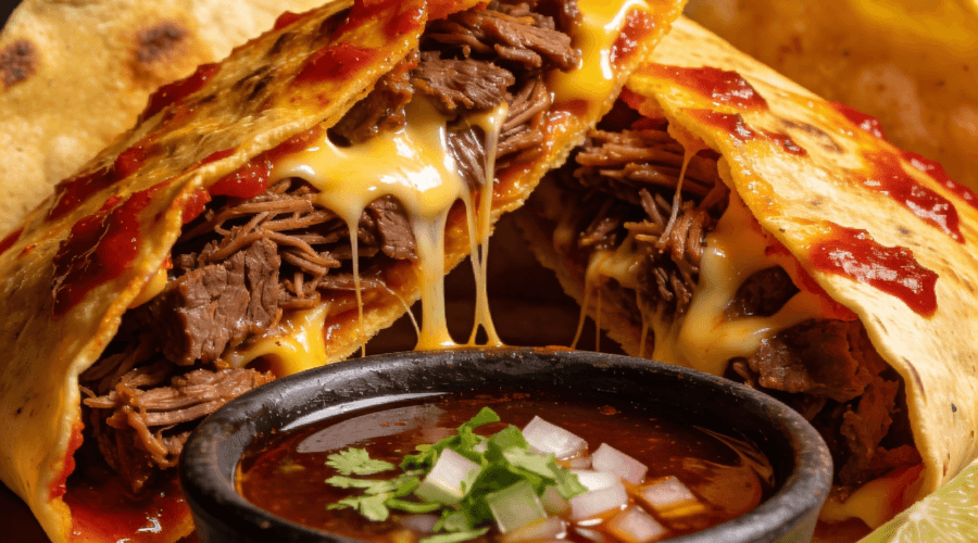 Crispy quesabirria tacos filled with juicy shredded beef and melted cheese served with rich consommé and lime