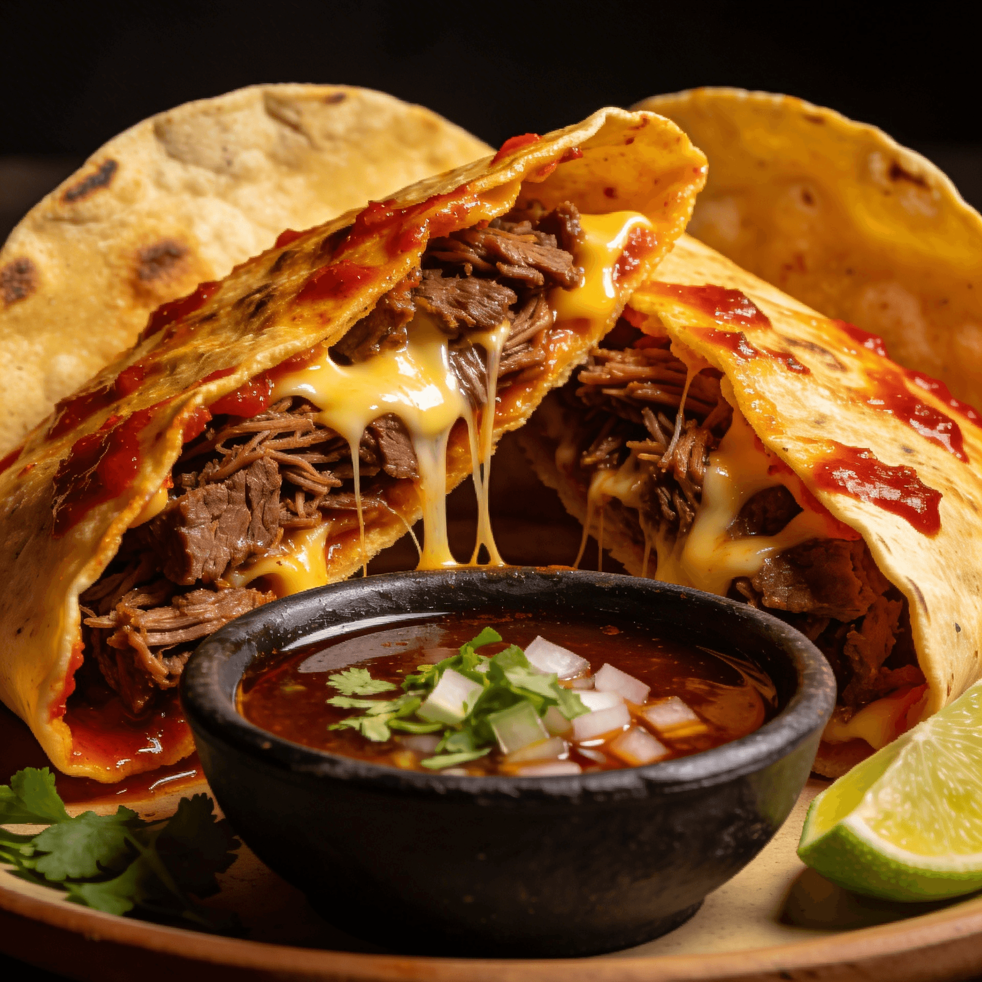 Crispy quesabirria tacos filled with juicy shredded beef and melted cheese served with rich consommé and lime