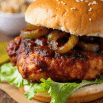Pulled bourbon BBQ chicken sandwiches served on toasted brioche buns with slaw and pickles on a rustic wooden board