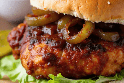 Pulled bourbon BBQ chicken sandwiches served on toasted brioche buns with slaw and pickles on a rustic wooden board