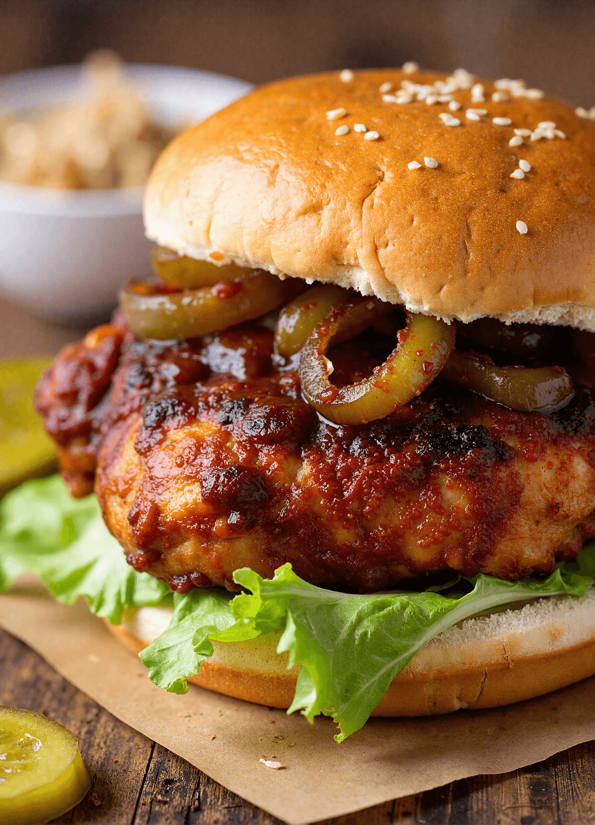 Pulled bourbon BBQ chicken sandwiches served on toasted brioche buns with slaw and pickles on a rustic wooden board