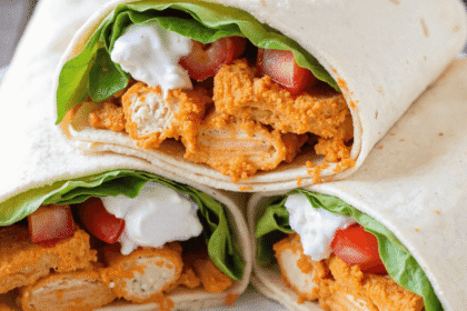 Three buffalo chicken wraps filled with crispy chicken tenders, lettuce, tomato, and blue cheese dressing stacked on a white plate